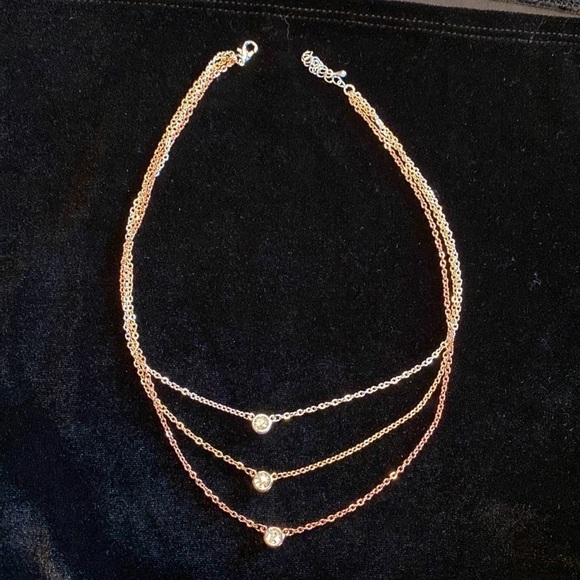 Liv Oliver Tri Color Multi Layer 18 k gold plated Cz Necklace. - Picture 1 of 3